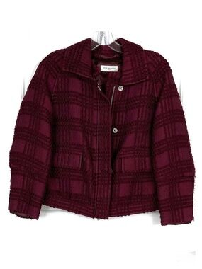 DRIES VAN NOTEN Wool Blend Textured Plaid Jacket Burgundy Maroon Wine Size 36